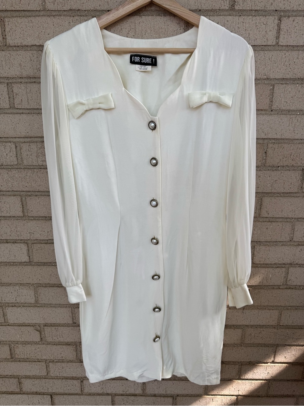 Vintage 80s White Bridal Mini Dress Pearl Buttons Bows Long Sleeve Size 9/10